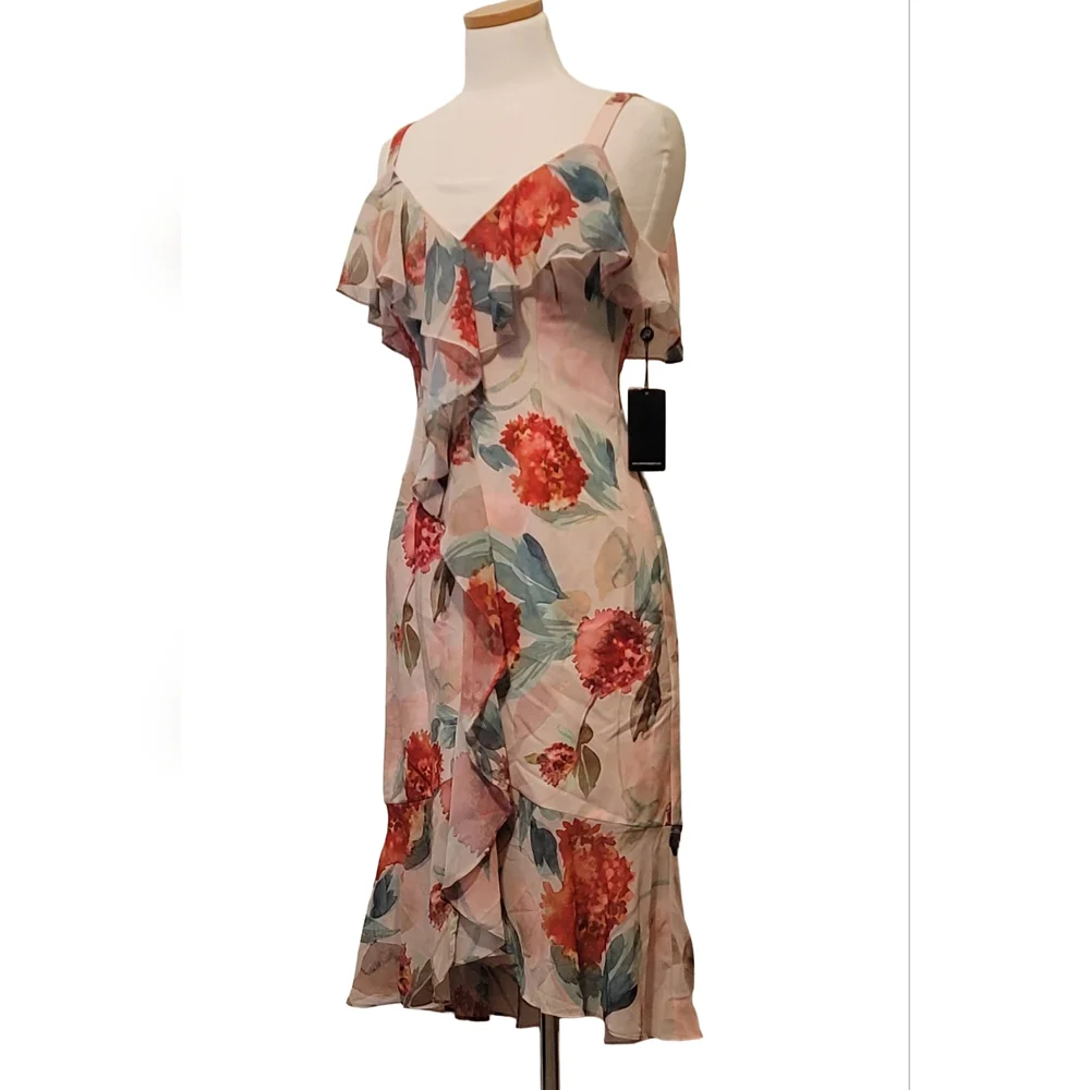 Adrianna Papell Chiffon Floral Ruffled Any Occasion Midi Dress